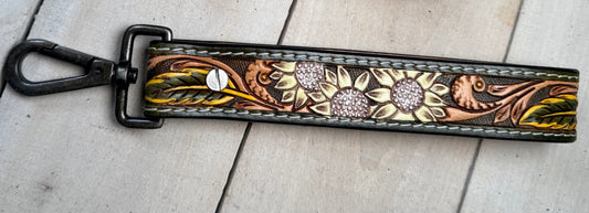 Colorful Sunflower Tooled Wristlet Leather Keychain