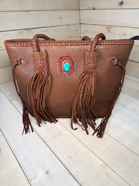 Turquoise Stone Soft Leather Braided Tassel Tote