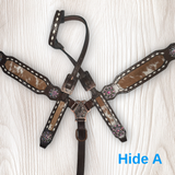 Cowhide on Dark Leather Tack Set with Buckstitch and Crystal Conchos