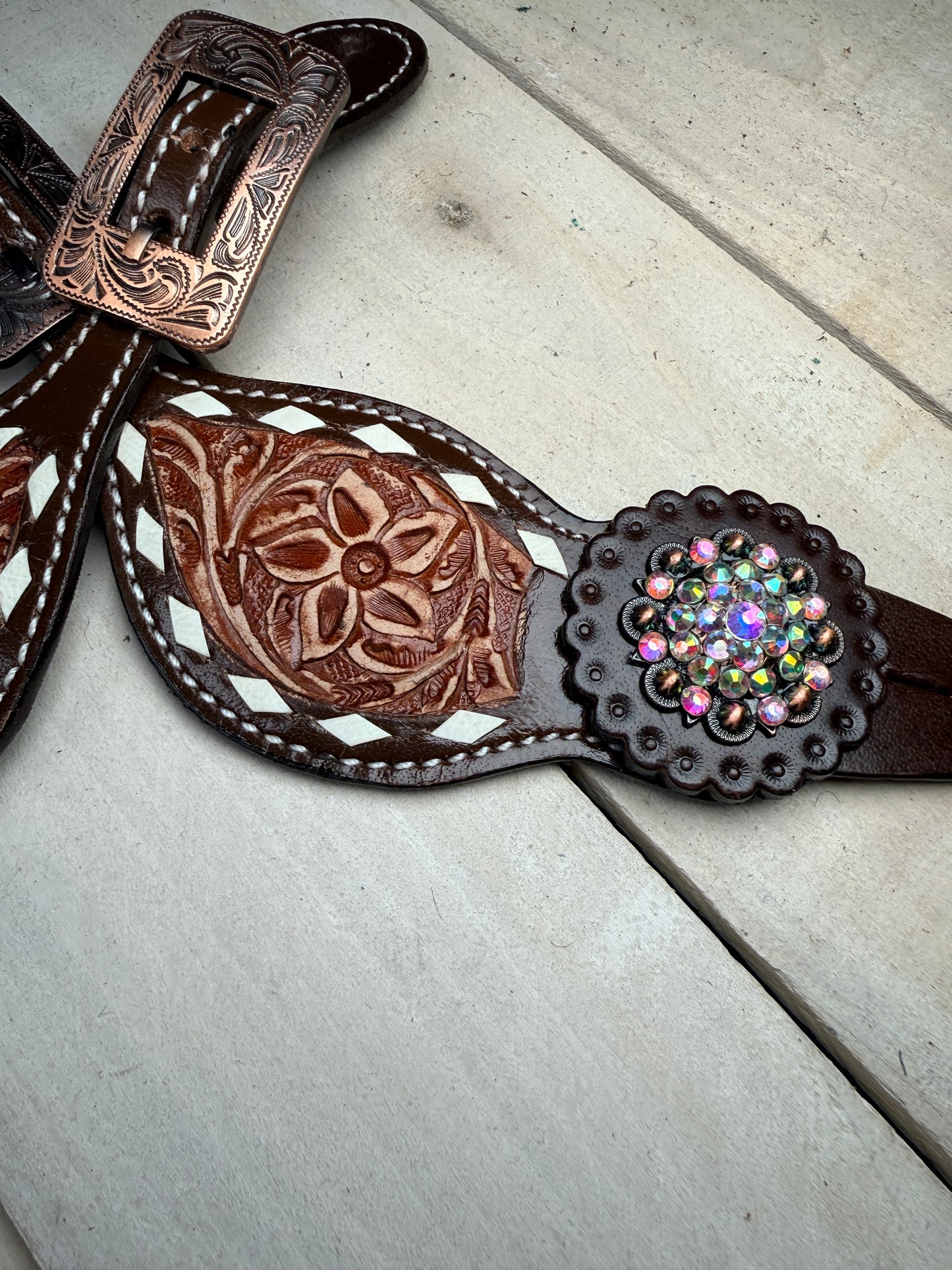 Floral Tooled Buckstitch Crystal Concho Spur Straps