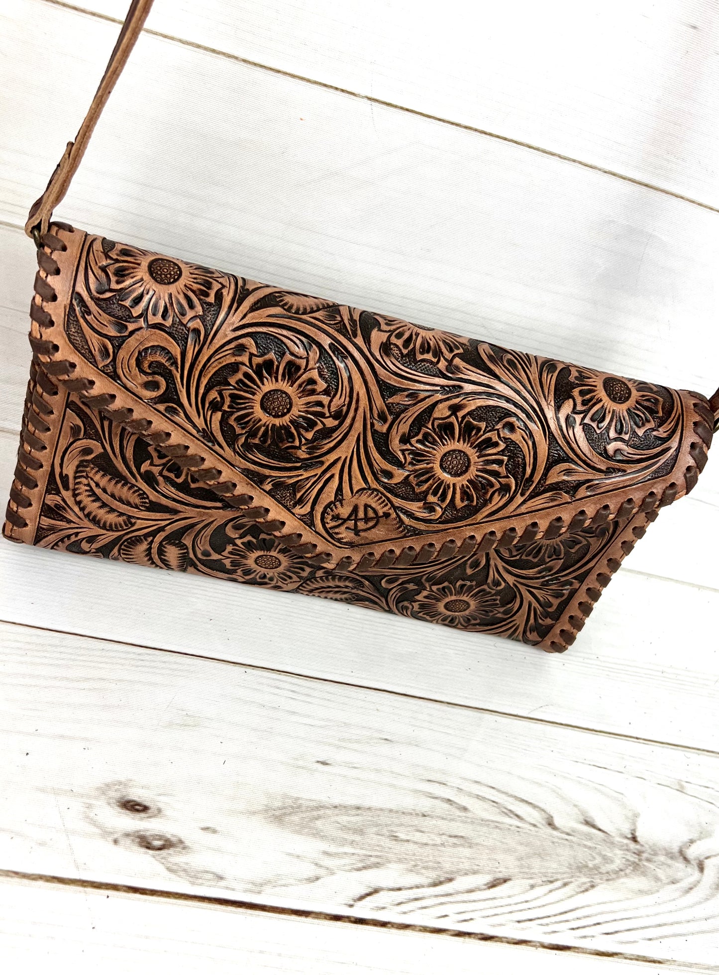 Dark Tooled Leather Envelope Clutch Purse