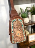 Leather Tooled Turquoise Border Western Sling Bag