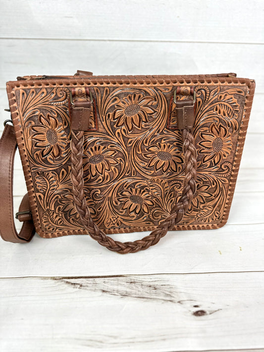 Floral Dream Leather Laptop Tote with Floral Tooling and Flat Braided Handles