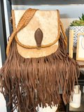 CLEARANCE! Braided Leather Tan and White Cowhide Flap Crossbody Fringe Bag