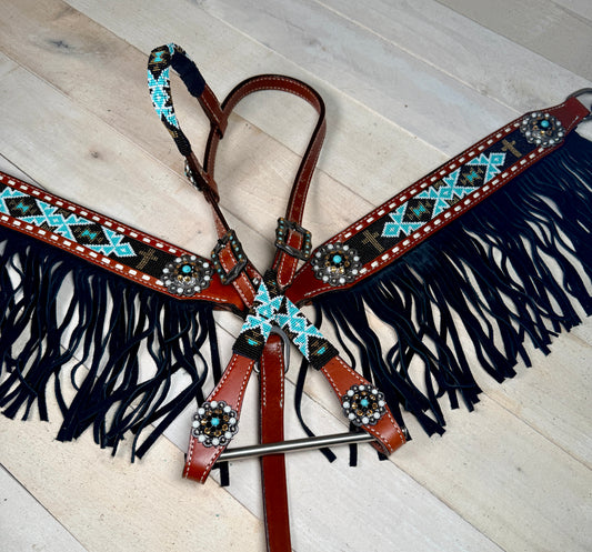 Gold Cross and Teal Beaded Fringe Tack Set