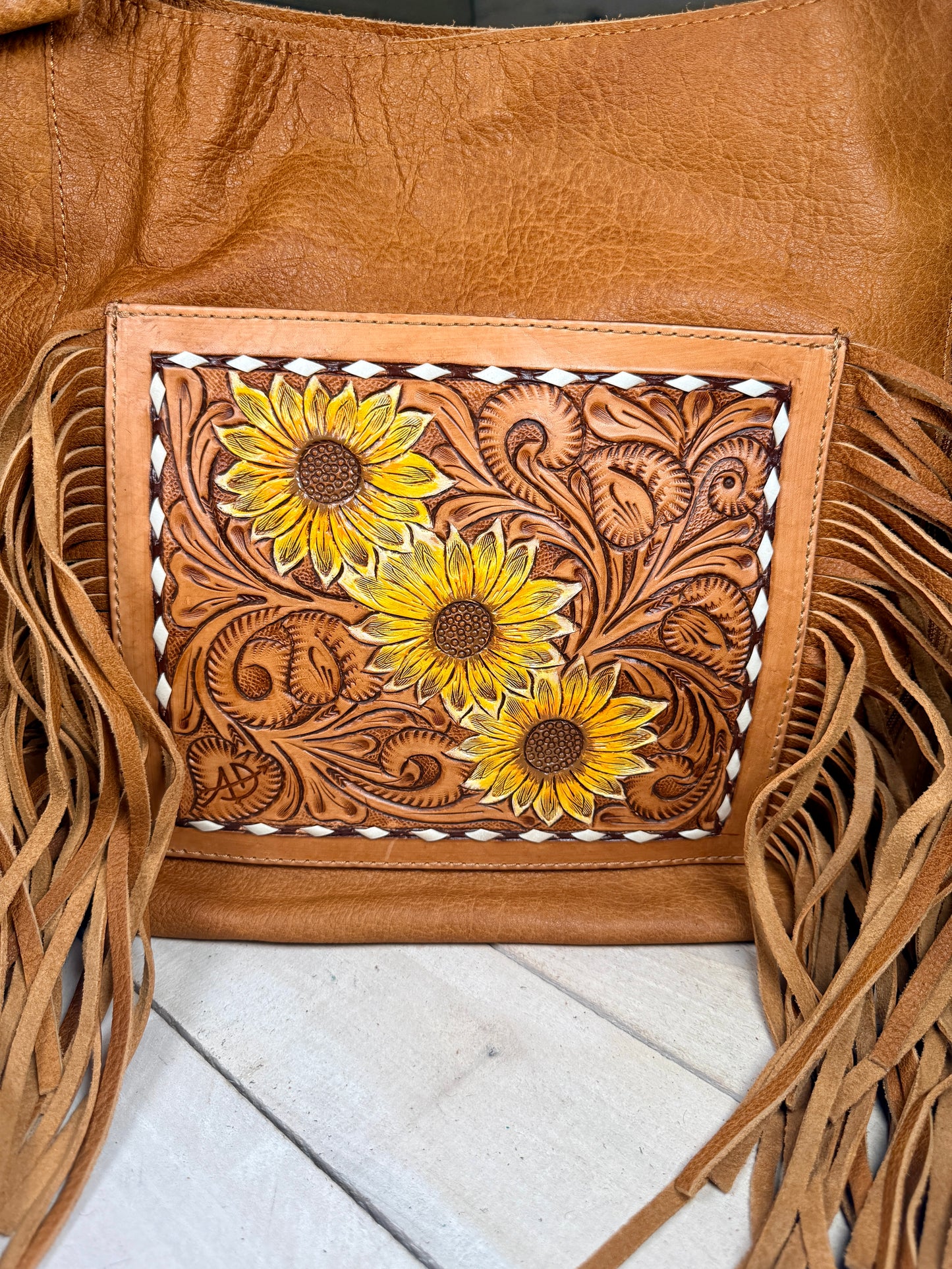 Sunflower Tooled Fringe Soft Leather Hobo