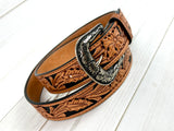 Tan and Black Leather Floral Tooled Western Belt