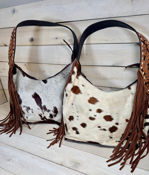 Floral Tooled Hide On Buckstitch Hobo Bag