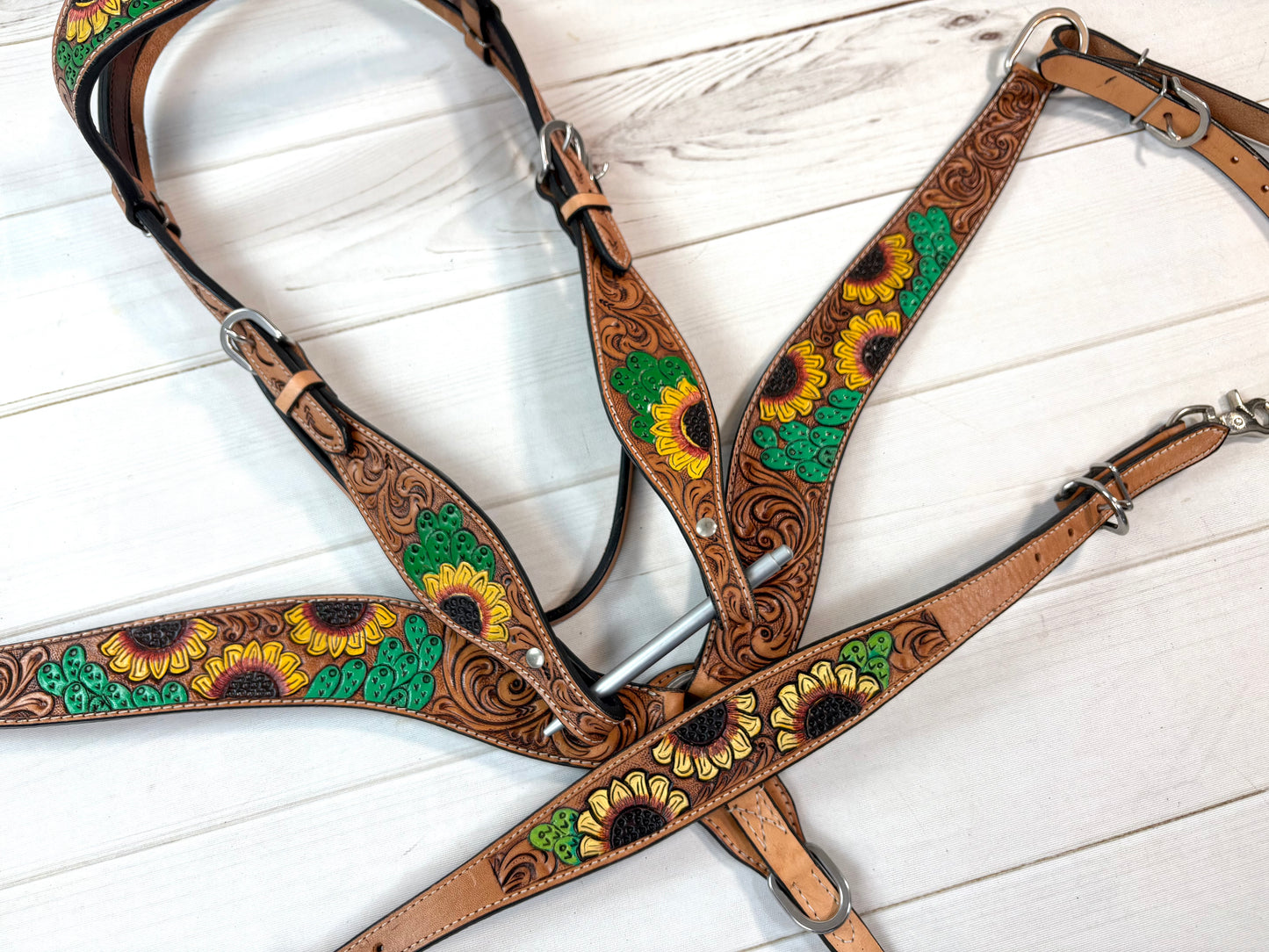 Yellow Sunflower and Green Cactus Tooled Leather Tack Set