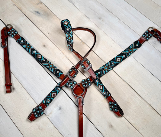 Teal White and Black Beaded Silver Concho Tack Set