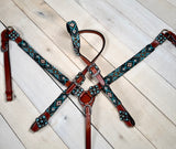 Teal White and Black Beaded Silver Concho Tack Set
