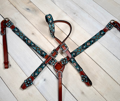 Teal White and Black Beaded Silver Concho Tack Set