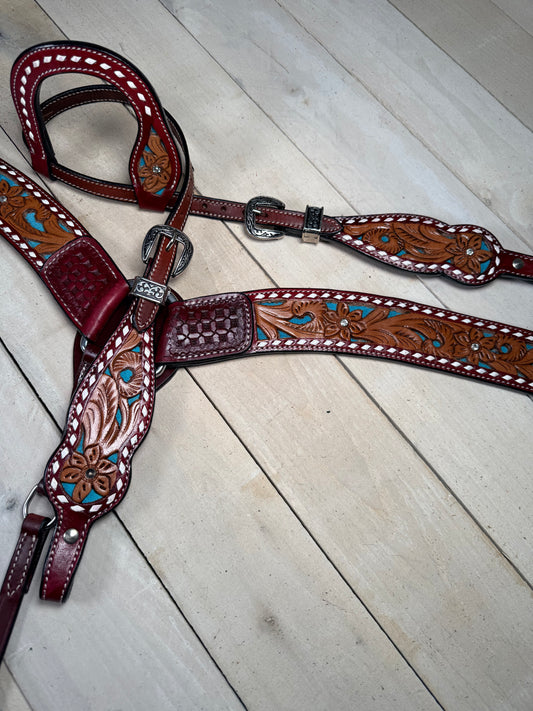 Burgundy Leather Teal Inset Floral Tooled Tack Set