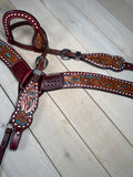 Burgundy Leather Teal Inset Floral Tooled Tack Set