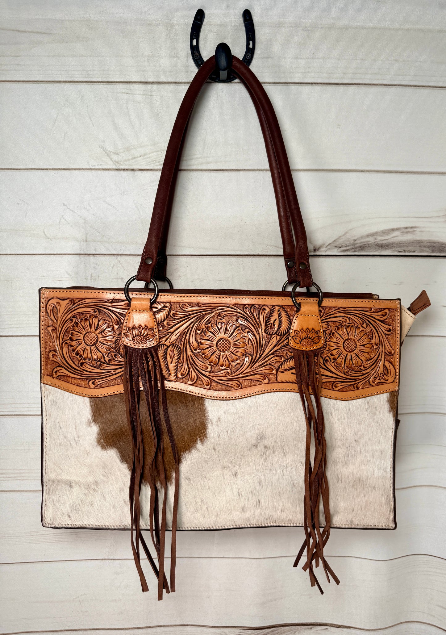 Sunflower Tooled and Hide Tote Bag
