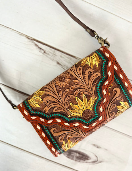 Rust and Turquoise Dotted Border Sunflower Tooled Wallet Carryall