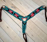 Sangria Teal, Pink Gray Woven Beaded Concho Tack Set