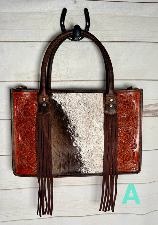 Cowhide and Floral Leather Tote Bag