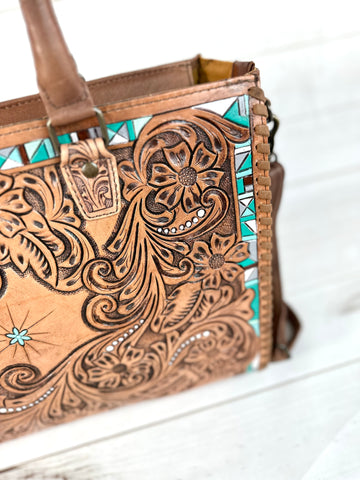 Turquoise Aztec Border Floral Tooled Large Tote – Cowgirl Barn & Tack