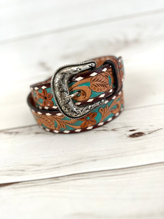 Teal Floral Tooled Leather Woman’s Belt