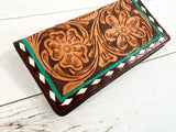 Turquoise Border Floral Tooled Snap Wallet
