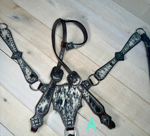 Black and White Hide Silver Studded Tack Set