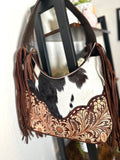 Light and Dark Leather Floral Tooled Cowhide Hobo Handbag