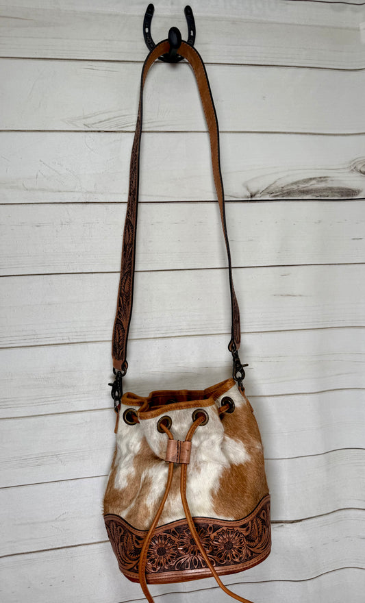 Ranchers Hide & Leather Tooled Band Bucket Handbag