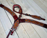 Burgundy Leather Teal Inset Floral Tooled Tack Set