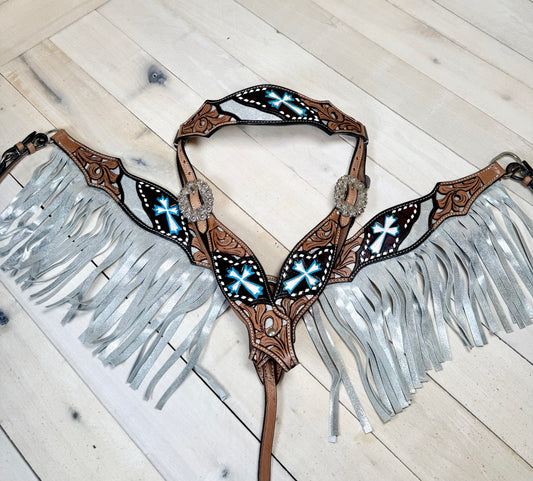 Turquoise Cross Tooled Leather Silver Fringe Tack Set
