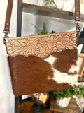 Medium Size Leather Tooled and Cowhide Western Handbag