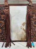 Prescott Light Brown Pattern Hide Tote with Leather Tooled Sunflowers