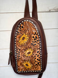 Leopard Sunflower Leather Tooled Sling Bag