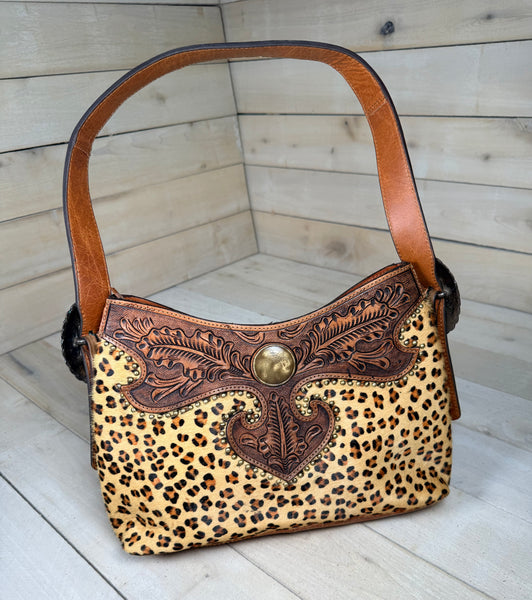 Leopard Hide Leather Tooled Studded Hobo Handbag