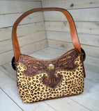 Leopard Hide Leather Tooled Studded Hobo Handbag