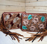 Floral Tooled White Buckstitch and Fringe Crossbody Handbag