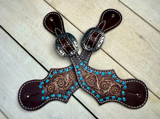 Teal Buckstitch Black Leather Spur Straps