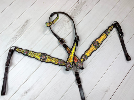 Iridescent Green Yellow Leather Tack Set