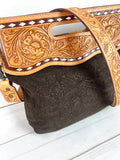 Brown Suede Brocade and Leather Cross Body Clutch Bag