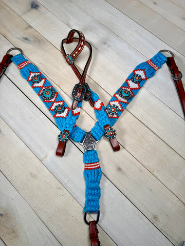 Citrus Sea Teal and Orange  Woven Beaded Concho Tack Set