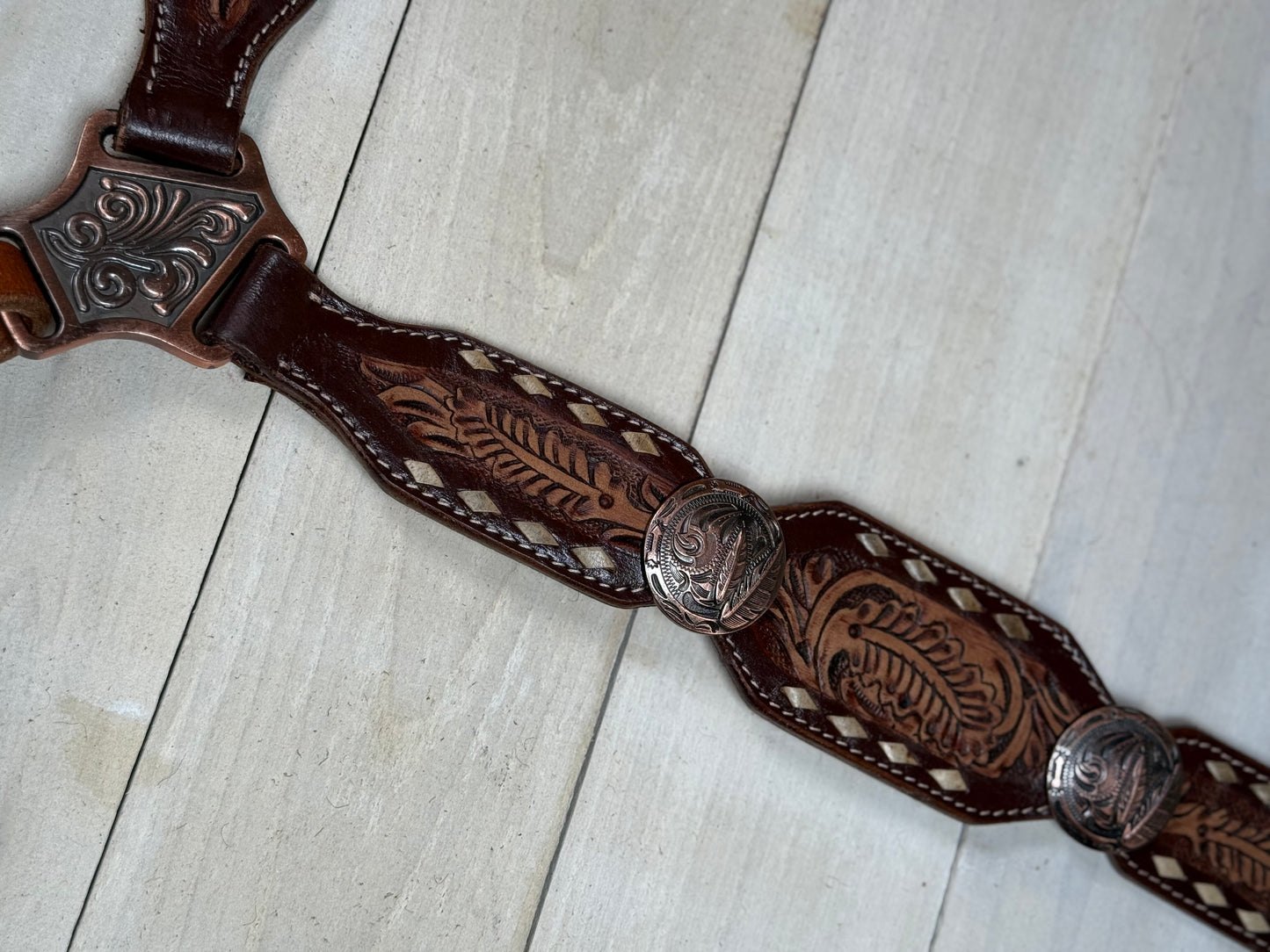 Leather Tooled Feather and Concho Buckstitch Tack Set