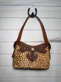 Leopard Hide Leather Tooled Studded Hobo Handbag