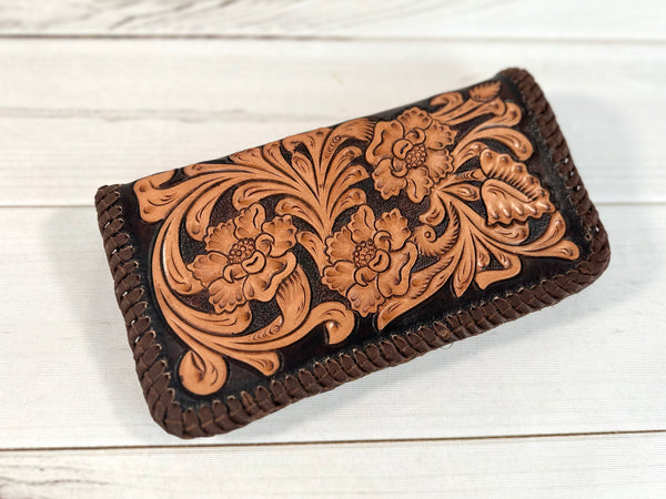 Dark Brown with Tan Floral Tooled Braided Border Wallet