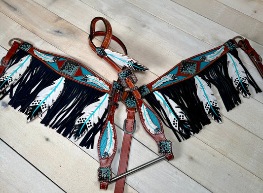 Teal Painted Feathers and Fringe Tack Set