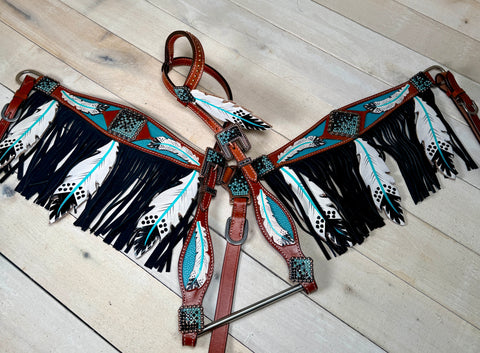 Teal Painted Feathers and Fringe Tack Set