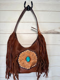 Turquoise Stone Fringe Leather Tooled Hobo Bag