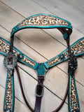 Teal Rhinestone Cheetah/Leopard Tack Set Dark Leather