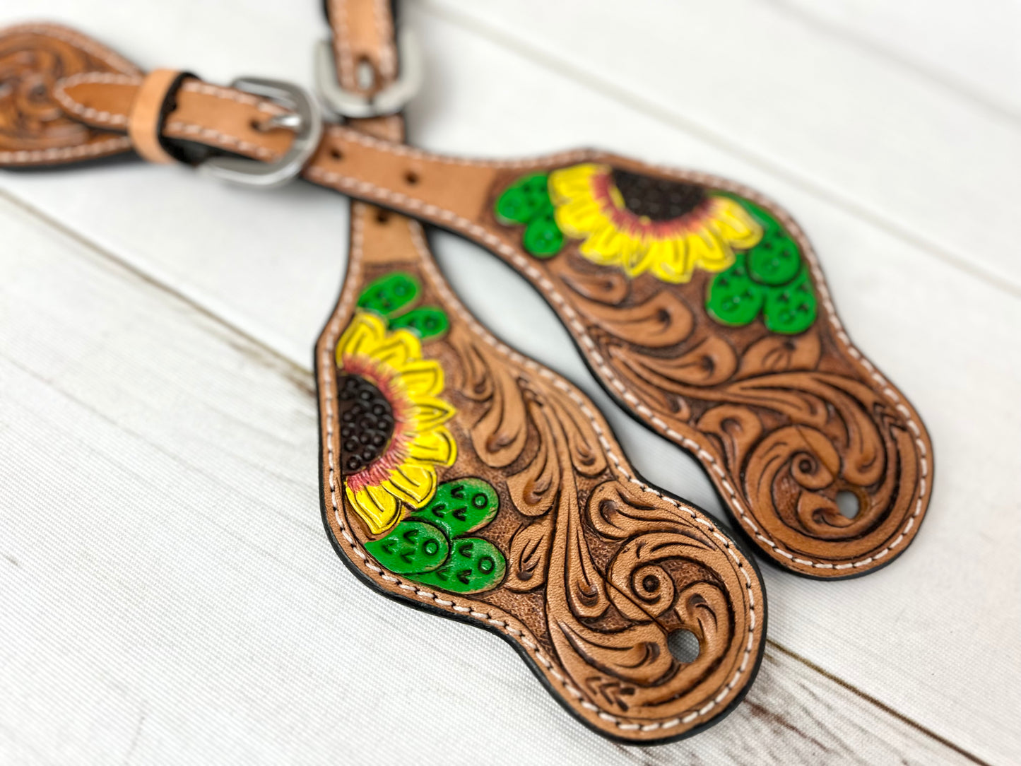 Sunflower Cactus Painted Leather Spur Straps