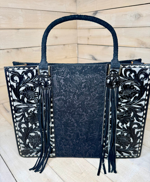 Black Brocade Large Tote with Silver Leather Floral Tooling