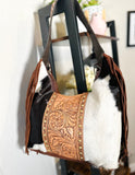 Hide & Floral Leather Tooled Hobo Fringe Handbag